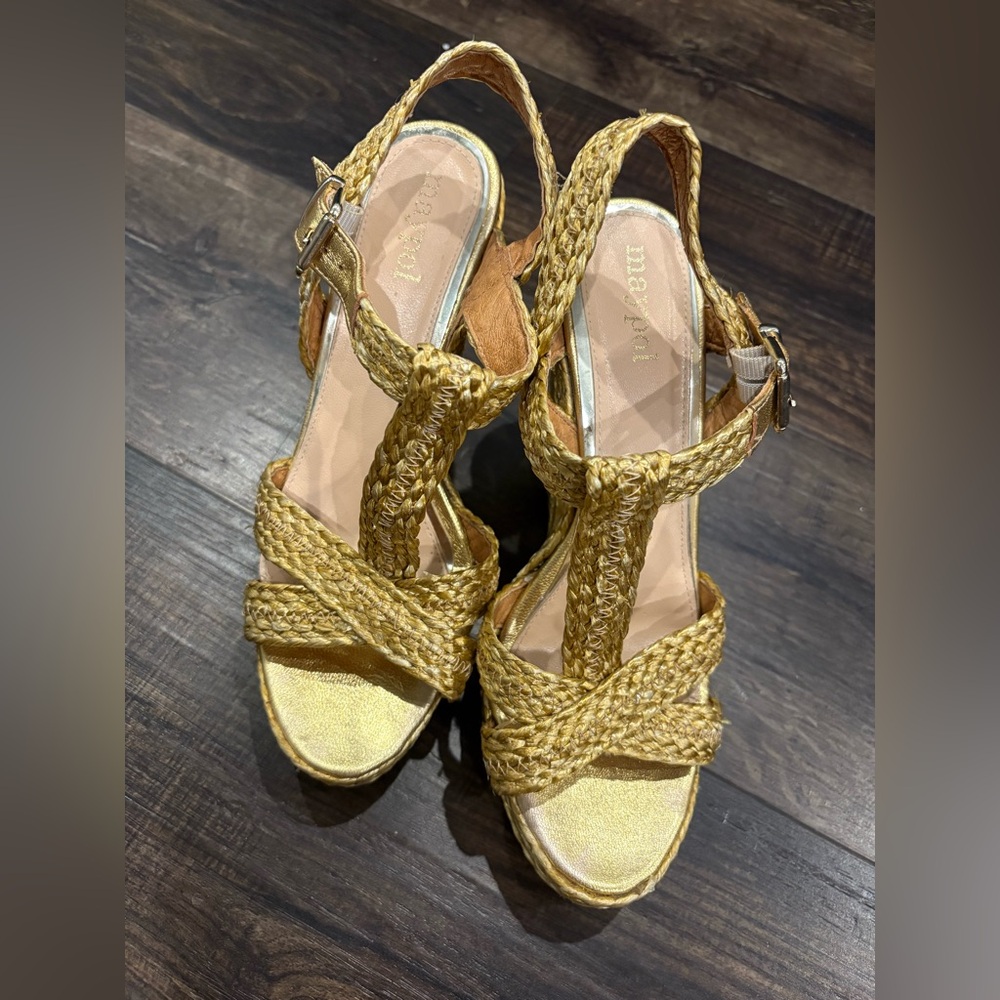 Beautiful Gold Woven/ Rafia Wedge Shoes with Ankle Strap